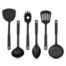 Kit Utensílios de Cozinha Nylon 6 Peças Preto Colher Concha Espátula Pegadores