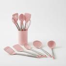 Kit Utensílios de Cozinha Silicone Rosa 12 Peças com Suporte Cabos Inox Antiaderente