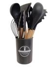 Kit Utensílios de Silicone com Cabo Madeira e Pote 12 Peças