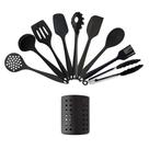 Kit Utensílios de Silicone Inteiriço 9 Peças + Suporte Em Aço Inox Preto para Cozinha Linha Premium