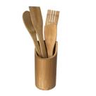 Kit Utensílios Em Bambu Colher Espátula Com Suporte 5 Pçs