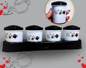 Kit Vasilhas Porta Tempero 4 Potes de Condimentos + Suporte Plástico Resistente Decorado Estampa