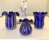 Kit Vaso de Vidro Murano Azul Royal Com Dourado (3 Pçs)