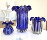 Kit Vaso de Vidro Murano Azul Royal Com Dourado (3 Peças)