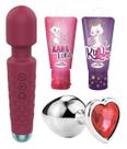 Kit Vibrador Varinha Mágica 2 Géis Lubrificante Plug Anal Aço Inoxidável com Cristal