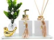 Kit Vidros Luxo Para Banheiro Lavabo Cubo Branco 250ml Vál. Sabonete e Difusor + Bandeja e Enfeite Kit Vidros Luxo Para Banheiro Lavabo Cubo Branco 250ml Vál. Sabonete e Difusor + Bandeja e Enfeite