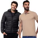 Kit Vih Triny Jaqueta Puffer e Camisa Polo Bege Masculina Kit Vih Triny Jaqueta Puffer e Camisa Polo Bege Masculina