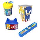 Kit Volta as Aulas 5 Peças Lancheiras Potes E Estojo Lápis Porta Escova Infantil Hello Kitty Sonic -