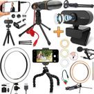 Kit Webcam Full Hd 1080p Usb Microfone Condensador Stream Live Alta Resolução Gravação Vídeo Aula Iluminação Home Office