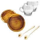 Kit Xicaras + Pires Madeira + Colher Dourada Mesa Posta Café