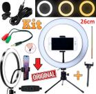 Kit Youtuber Microfone Lapela Iluminador Ring Light Luz Anel Led 26cm 10 Polegadas Flash Celular Universal + Mini Tripé