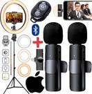 Kit Youtuber Tripé + Microfone de Lapela Duplo Sem Fio Para iPhone Gravação de Vídeo Foto Selfie Luz Anel Led Ring Light