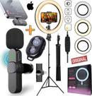 Kit Youtuber Tripé Microfone Lapela Sem Fio iOS + Luz Led Iluminador Ring Light Acessórios Filmagem no Celular