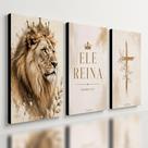 Kit3 Quadro Decorativo Leão Judá Cruz Cristão Ele Reina Boho 40x28cm