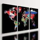 Kit3 Quadro Decorativo Mapa Mundi Bandeiras Países Geografia