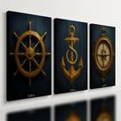 Kit3 Quadro Decorativo Marítimo Barco Ancora Bussola Veleiro Qualidade Premium Luxo 40x28cm