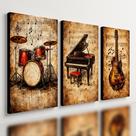Kit3 Quadro Decorativo Música Vintage Piano Bateria Guitarra 28x20cm