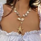 L02112-Colar Dourado com Estrela do Mar e Conchas Naturais Estilo Boho Chic Praiano Festa Presentes Sofisticados Anivers