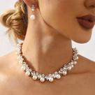 L03144-Conjunto Feminino Colar Brinco Pérola Branco Zirconia Prata Festa Casamento Noiva Réveillon Minimalista Elegante