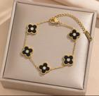 L3017-Pulseira Feminina Aço Inoxidável Trevo Virgínia Madrepérola Zirconia Antialergico Preto Festa Carnaval Ano Novo