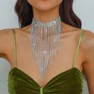L32-L03123-Colar Gargantilha Gravata Longo Cascata Franja Strass Zirconia Prata Bijuteria Festa Casamento Brilho