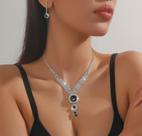 L32-L2912-Conjunto Feminino Colar e Brinco Redondo Preto Zirconia Gravatinha Moderno Festa Formatura Elegante Presente