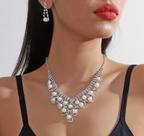 L3227-Conjunto Feminino Colar e Brinco Branco Pérola Strass Zirconia Festa Casamento Noiva Casal Elegante Luxo