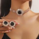 L3245-Conjunto Feminino Colar Brinco Choker Strass Zirconia Preto Quadrado Grande Festa Formatura Presente Brilhante