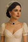 L3245-Conjunto Feminino Colar Brinco Choker Strass Zirconia Preto Quadrado Grande Festa Formatura Presente Brilhante