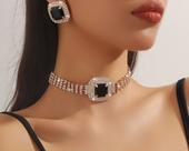 L3245-Conjunto Feminino Colar e Brinco Choker Strass Zirconia Quadrado Grande Preto Festa Namorada Brilhante Presente
