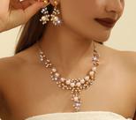 L3502-Conjunto Feminino Colar e Brinco Pérola Branco Zirconia Dourado Festa Casamento Noiva Casal Elegante
