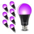 Lâmpada LED preta GLW 9W A19 E26 385-400nm UVA, pacote com 8