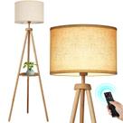 Lámpara de Pie Trípode de Madera OUTON con Estante y LED Remoto