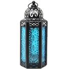 Lanterna de Vela de Metal Preto Marroquino com Vidro Azul