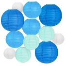 Lanternas de papel Peywot azul e branco, tamanhos variados, 12 unidades