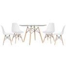 Laraz, Mesa redonda Eames com tampo de vidro 120 cm + 4 cadeiras Eiffel DSW Branco