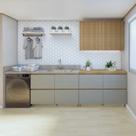 Lavanderia Modulada com 2 Balcões e 1 Amario Aéreo Porta Ripada 100% Mdf Rainha