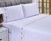 Lençol Queen Casal Bordado Diamante Branco e Caki 4 pçs