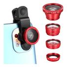 Lente Adaptadora Para Câmera Celular Kit 3 em 1 Universal Olho de Peixe Macro Wide Metal Vermelho