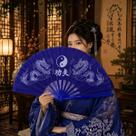 Leque Grande Oriental Dragão Yin Yang Dança Kung Fu 34x64 Cm Cor Azul