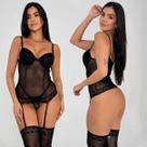 Lingerie Sexy Espartilho Corselet Sensual Completo C/ Meias Tule Com Bojo Rendado