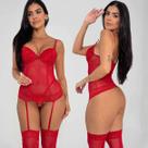 Lingerie Sexy Espartilho Corselet Sensual Completo C/ Meias Tule Com Bojo Rendado