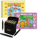 Livro para pintar Biblical Violeta e Cute e Cute e Cozy Amarelo com 24 Canetas Touch Ponta Dupla Capa Dura