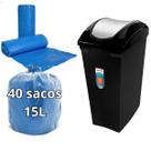 Lixeira 15L Tampa Basculante Preta + 40UN Saco de lixo Azul