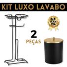 Lixeira 5 Litros Preta Com Tampa Dourada Mais Papeleira Preta de Chão de 3 Rolos