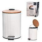 Lixeira Com Pedal Redonda De Inox E Balde Interno Removível Branco Com Tampa De Bambu 3L 23x17cm