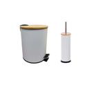 Lixeira Inox Branca Com Tampa de Bambu 3L + Escova Sanitária