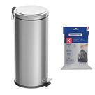 Lixeira Tramontina Brasil Plus com Pedal 30L Redonda Inox Acetinado + Saco de Lixo