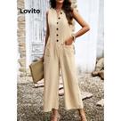 lovito macacao casual de bolso com botao liso para mulheres tam P