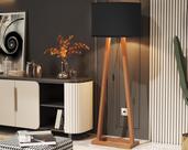 Luminária Abajur Sala Closet De Chão Viena Pé Madeira Cúpula Preta Design Moderno